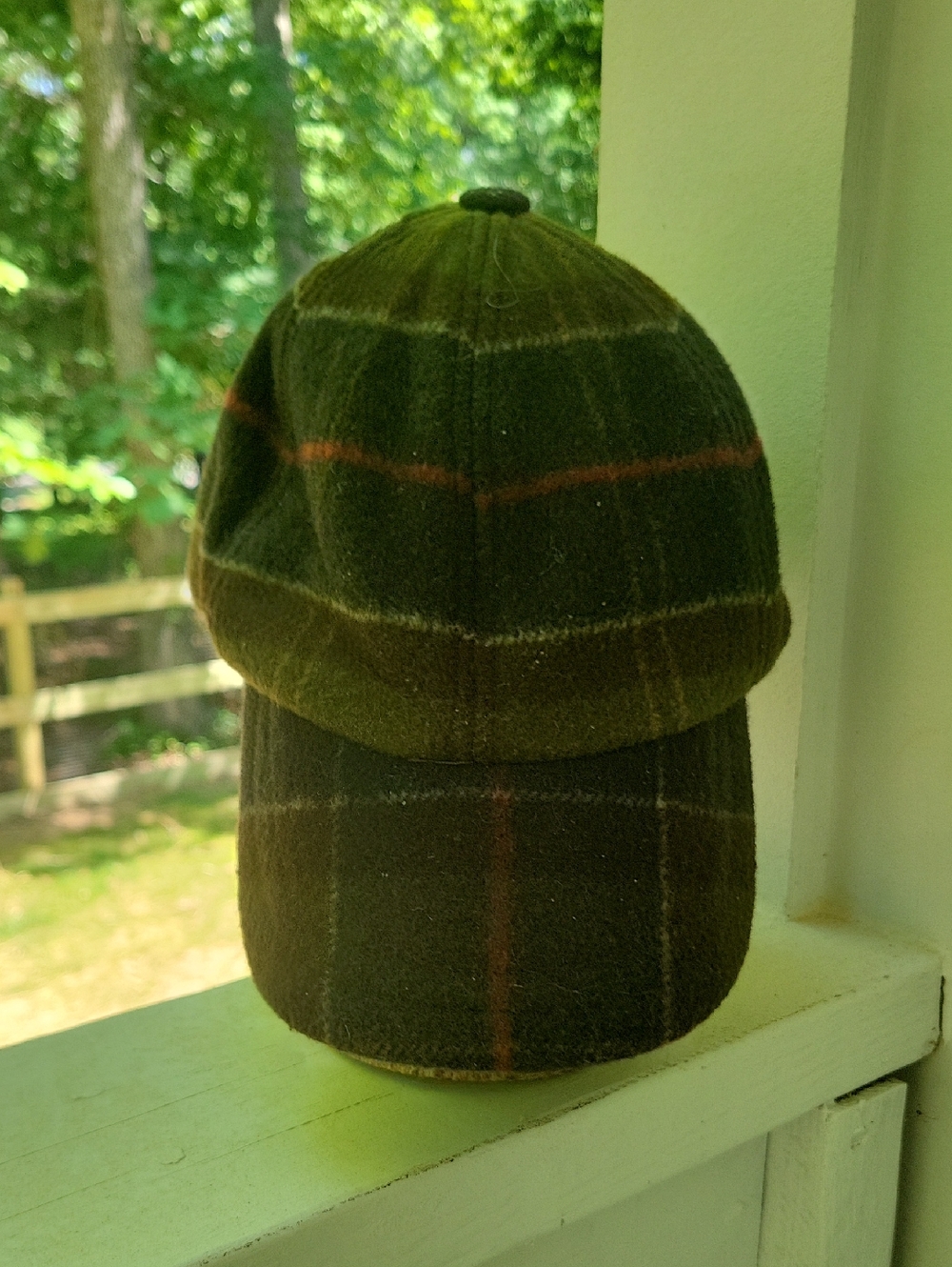 Barbour Green Plaid Wool Cap with Brown and Orange Accents